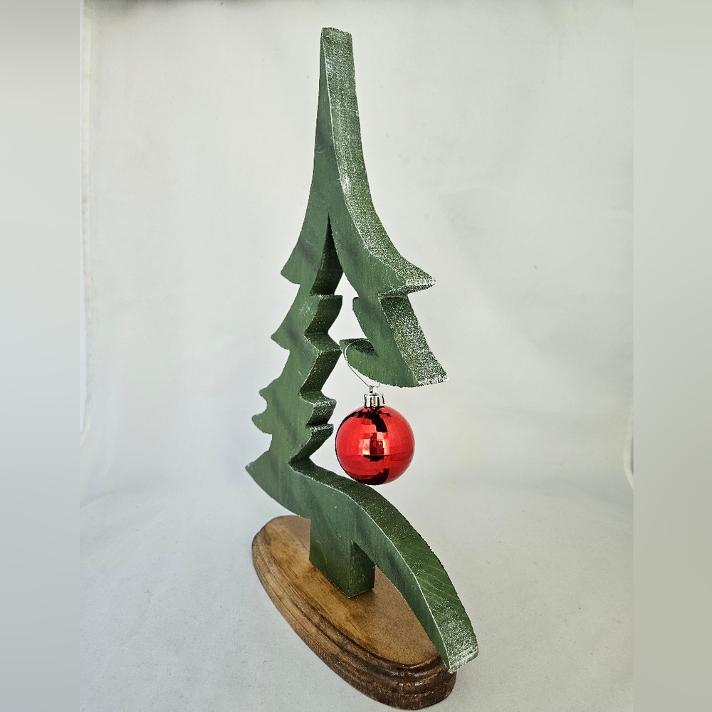NEW Wooden Christmas Tree With Base Handmade with Red Ornament - Picture 7 of 11